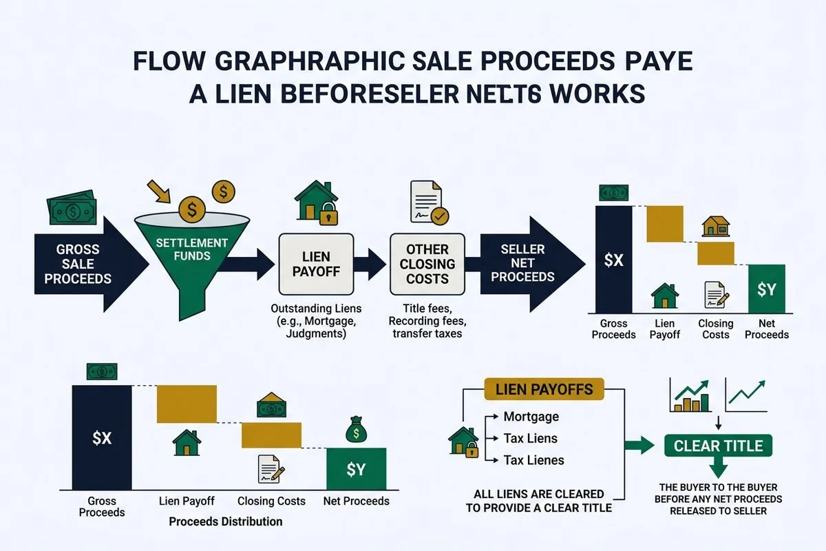 Flow graphic: sale proceeds paying off a lien before seller net proceeds, brand colors