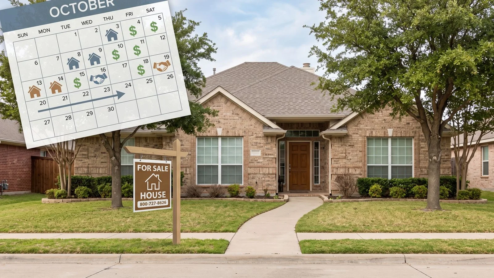 For-sale sign in front of a DFW home with a calendar overlay concept, daylight