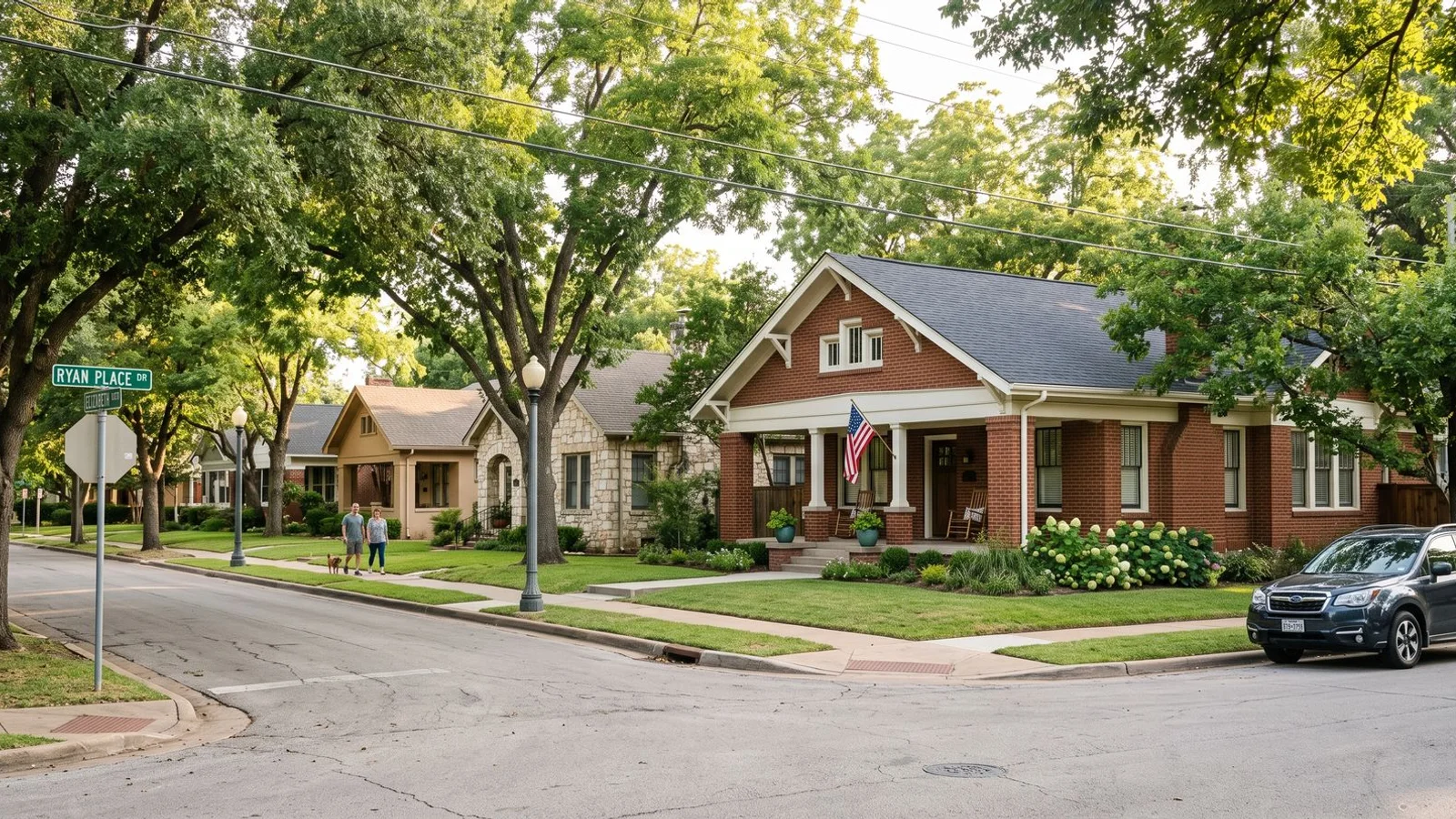 Fort Worth residential street with historic homes, natural daylight, credible editorial style