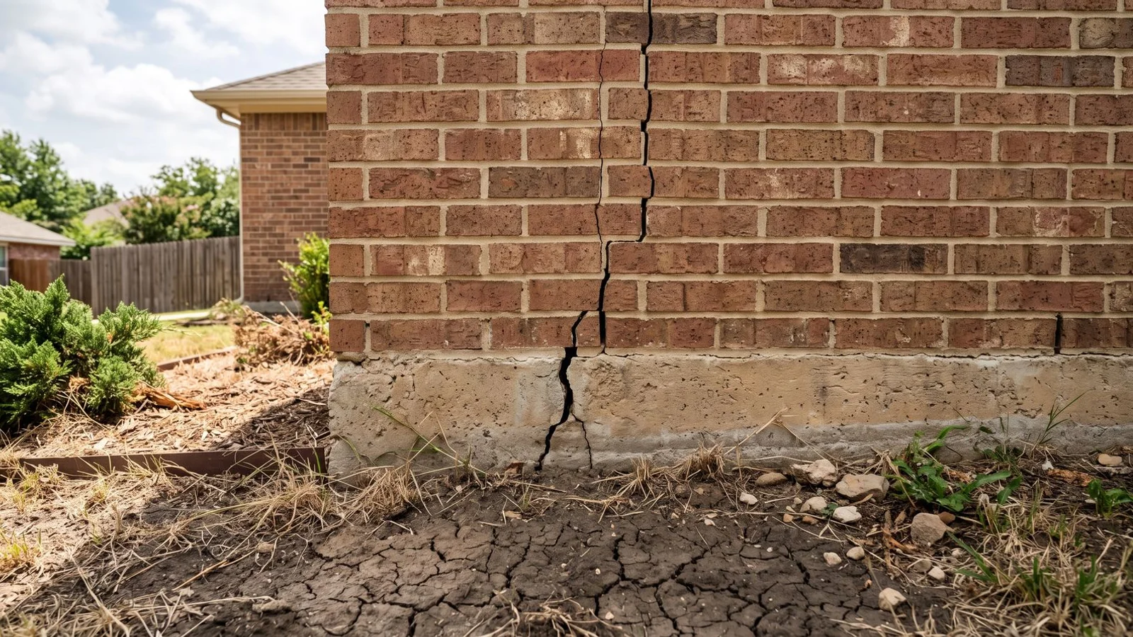 Foundation crack on a brick DFW home exterior, dry clay soil visible, natural daylight