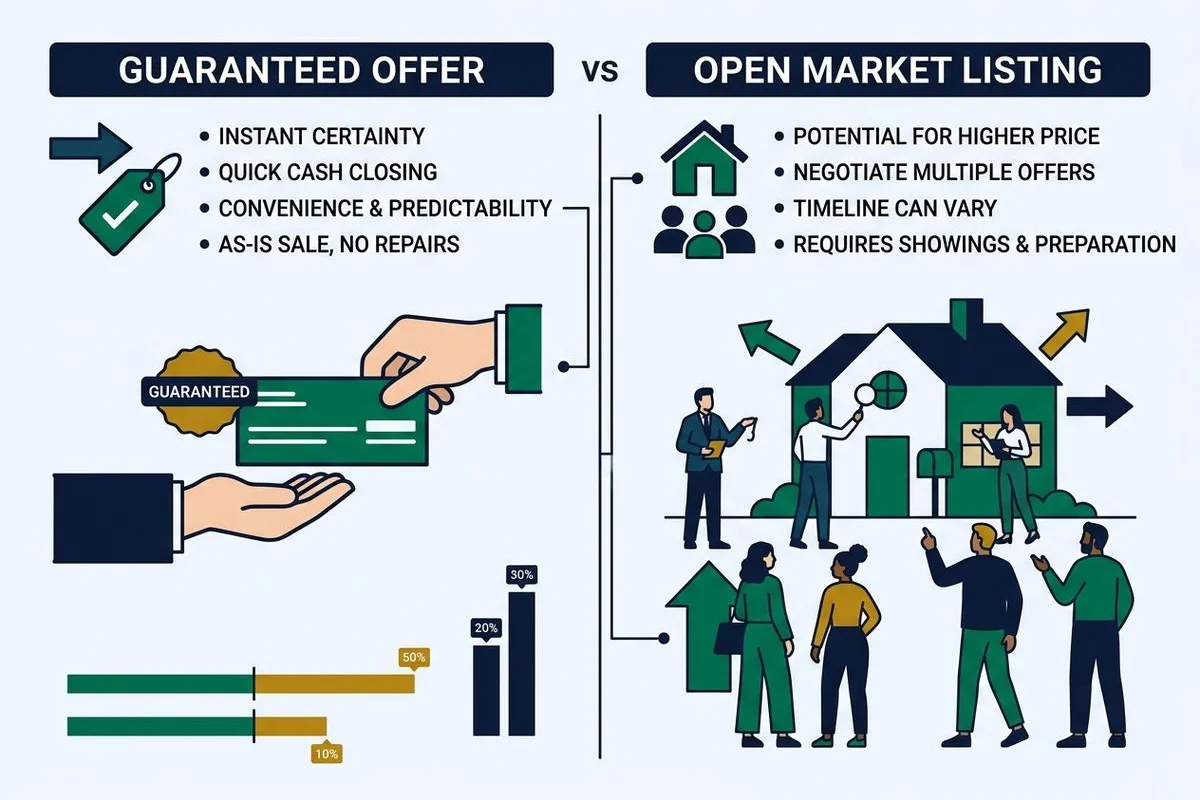 Graphic contrasting a guaranteed offer against an open-market listing, brand colors