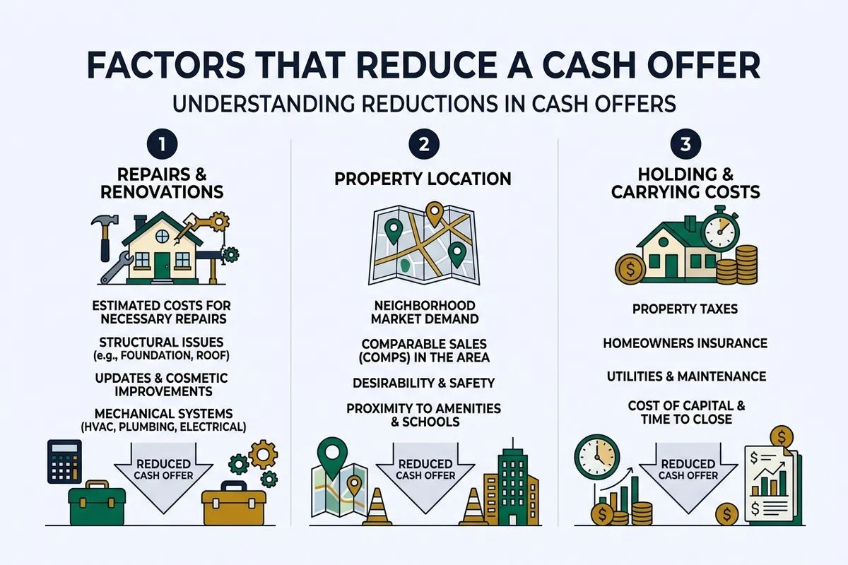 Graphic of factors that reduce a cash offer: repairs, location, holding costs, brand colors