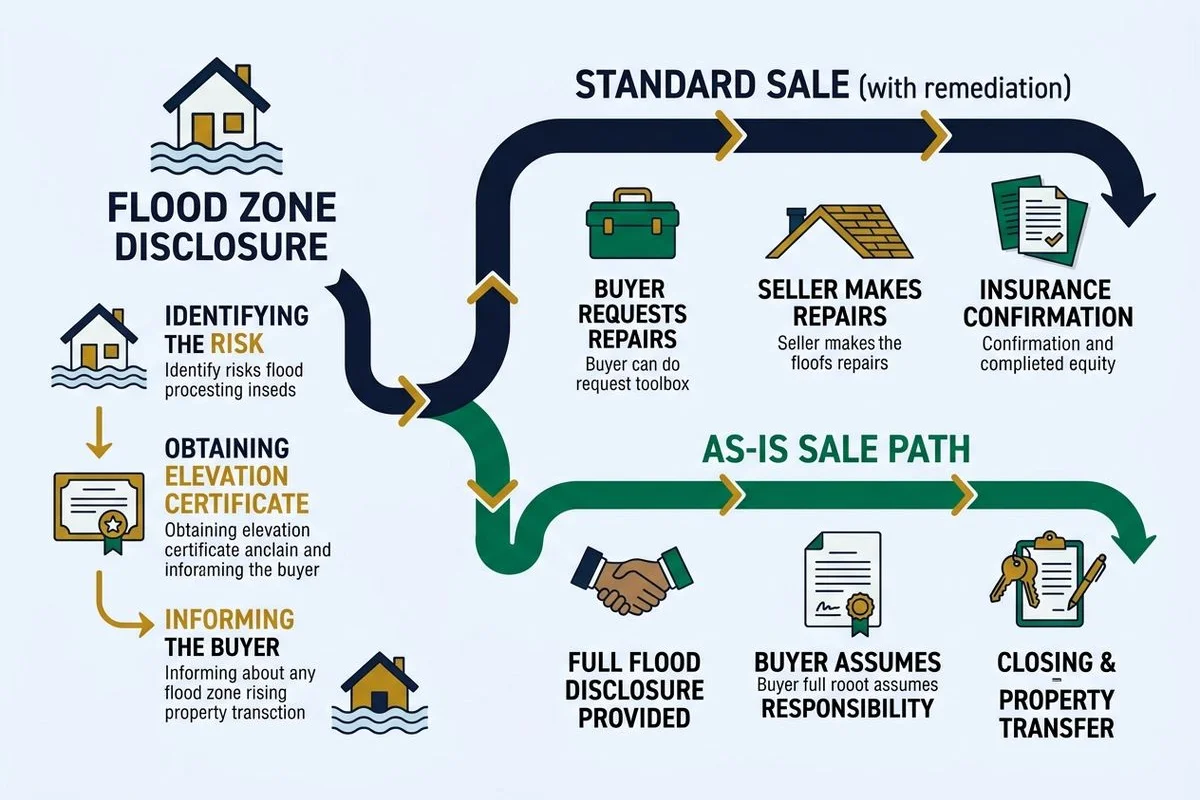 Graphic of flood-zone disclosure and as-is sale path, brand colors