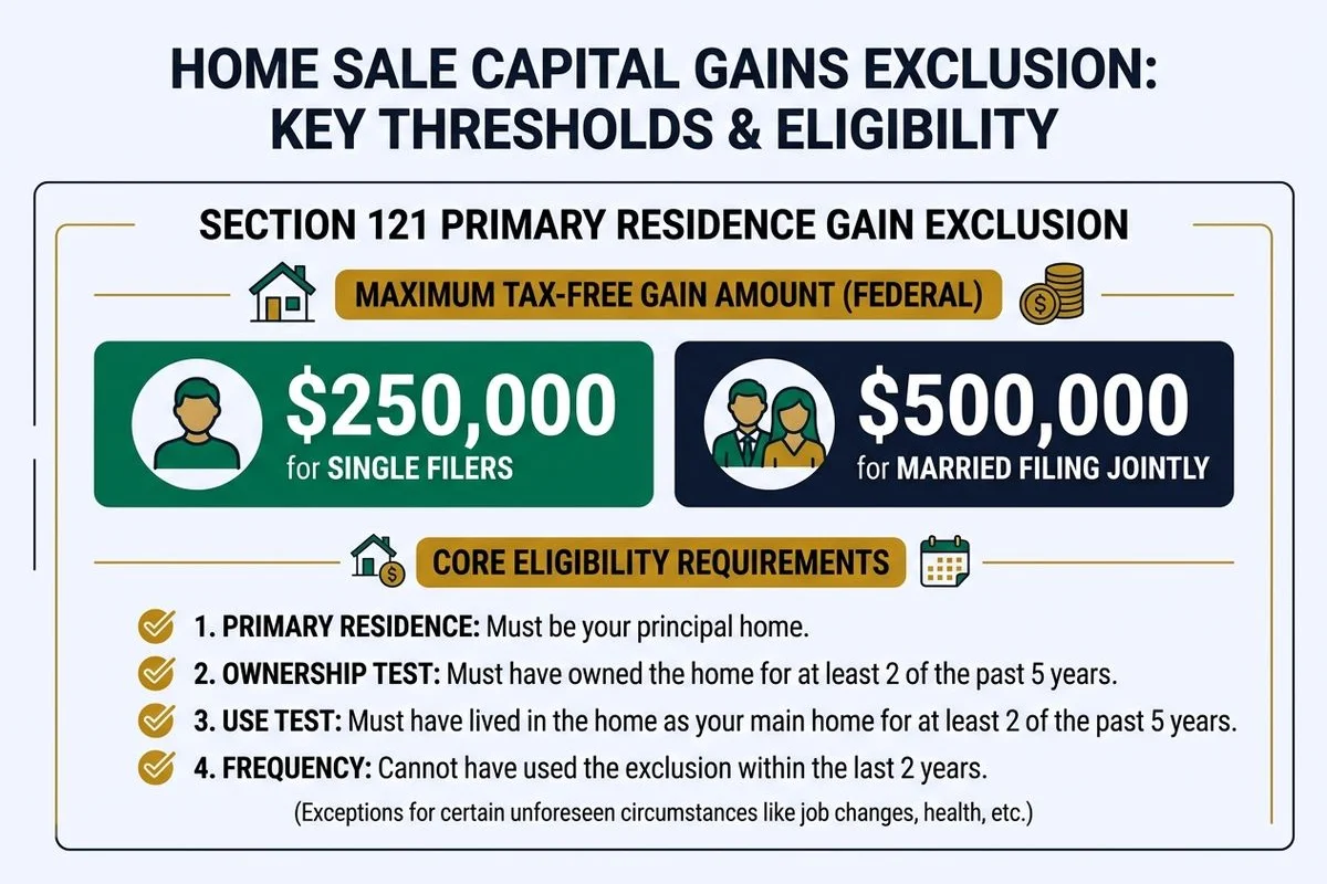Graphic of the home-sale capital gains exclusion thresholds, brand colors