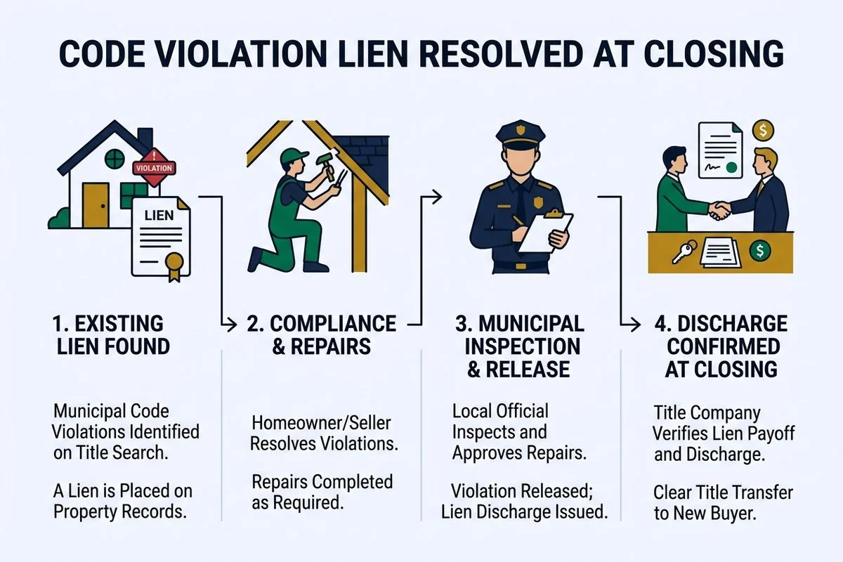Graphic showing code-violation lien resolved at closing, brand colors