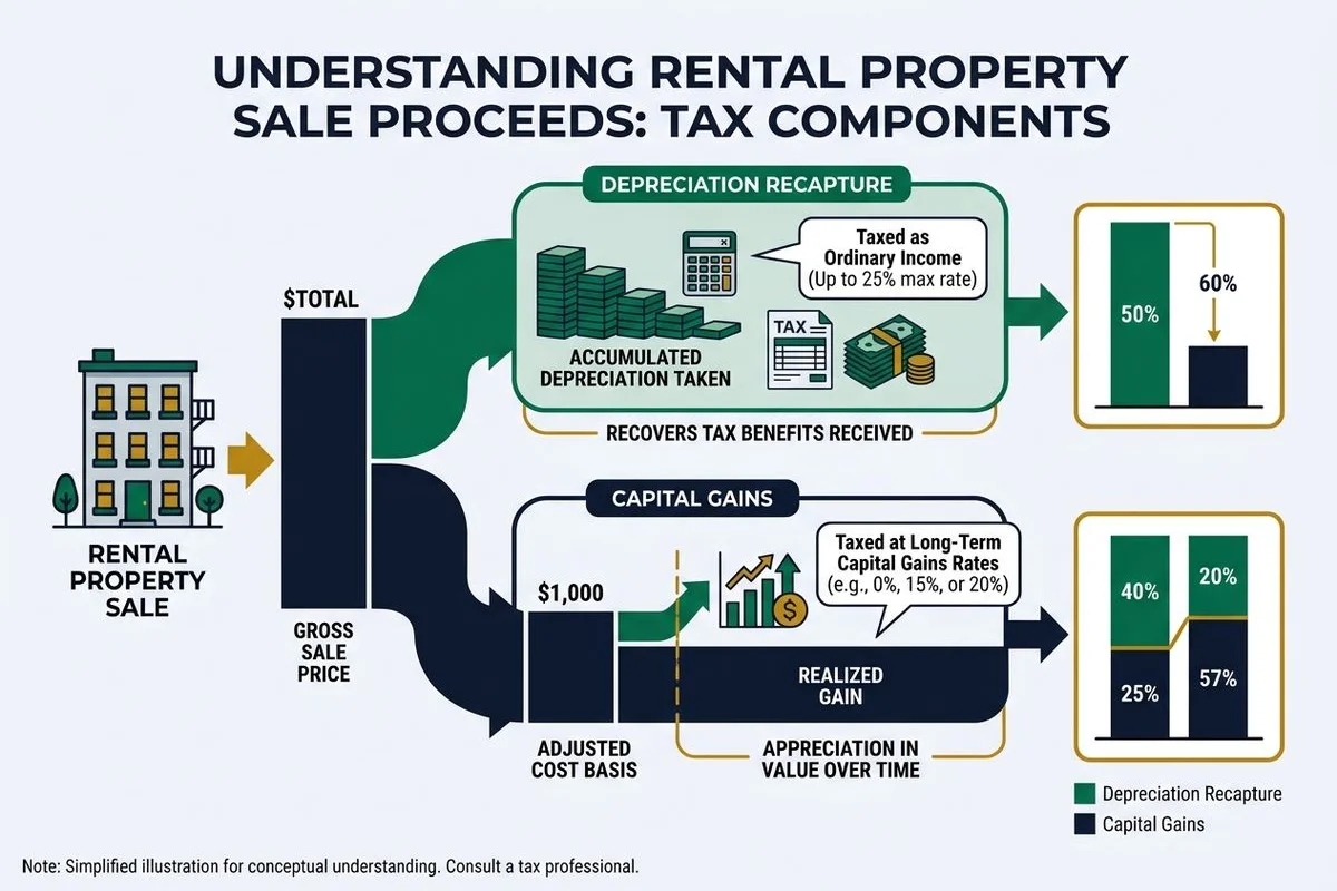 Graphic showing depreciation recapture and capital gains components of a rental sale, brand colors