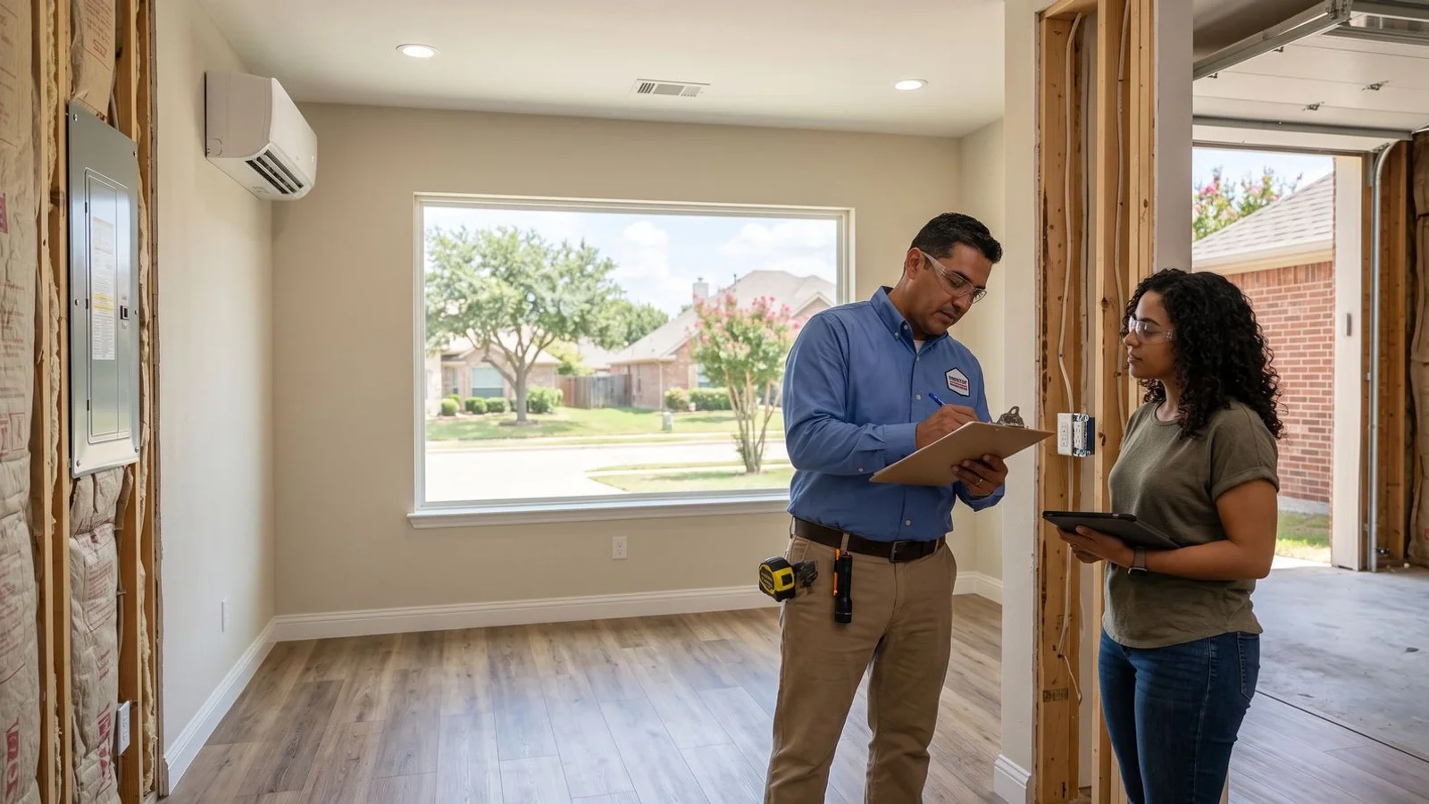 Home addition or converted garage being inspected, daylight, documentary style