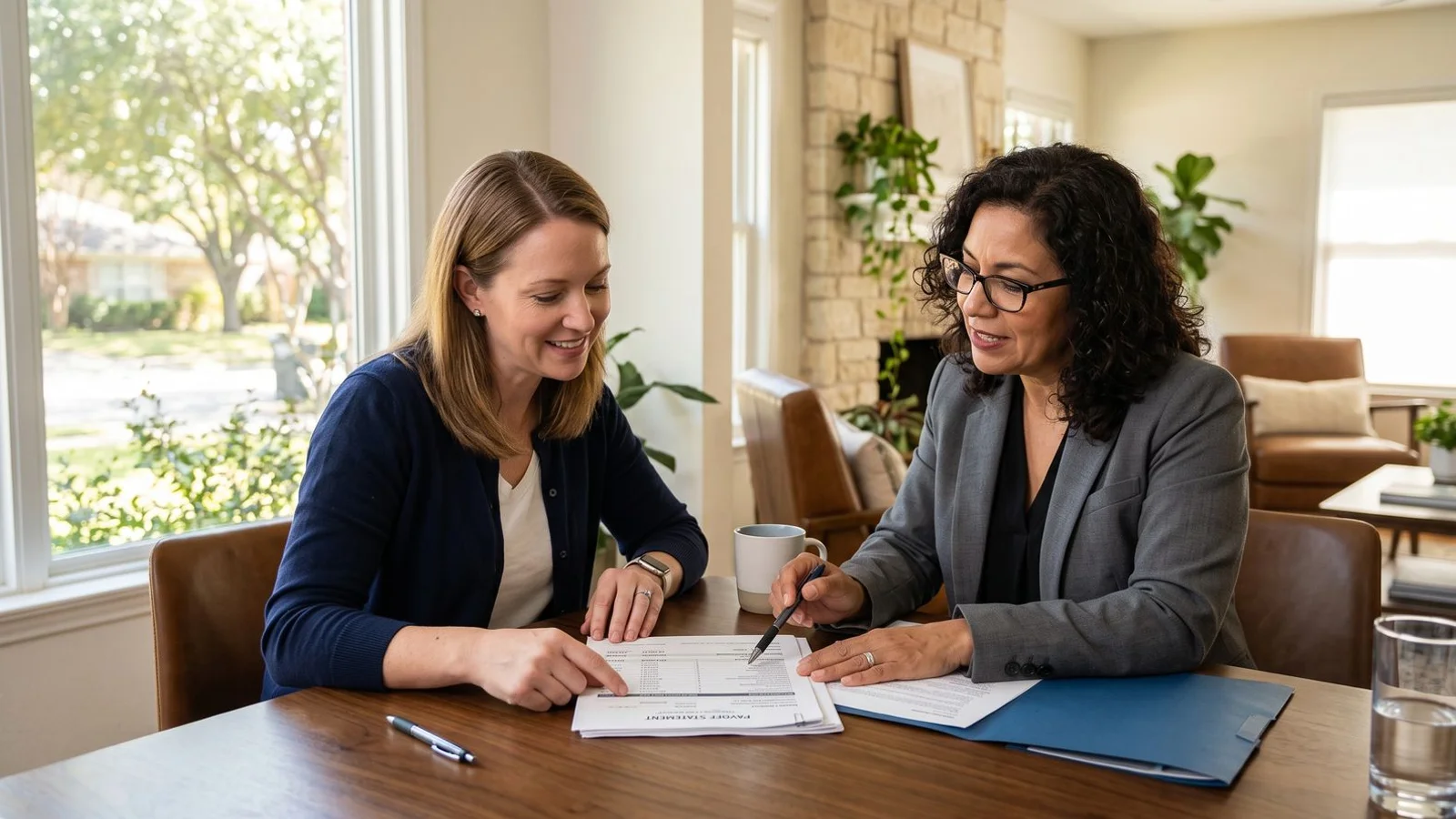 Homeowner and title officer reviewing a payoff statement at a closing table, natural light