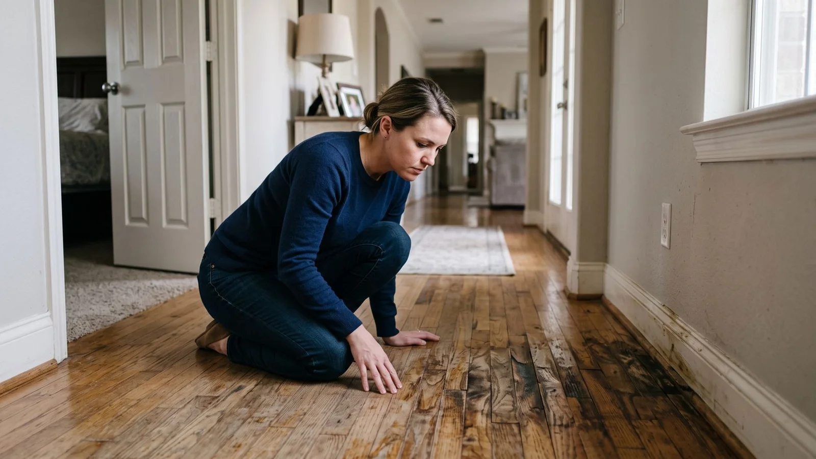 Homeowner assessing water-stained flooring in a home, natural indoor light, documentary style