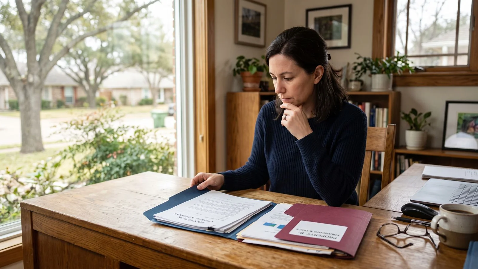 Homeowner comparing two document folders on a desk, natural light, decision moment