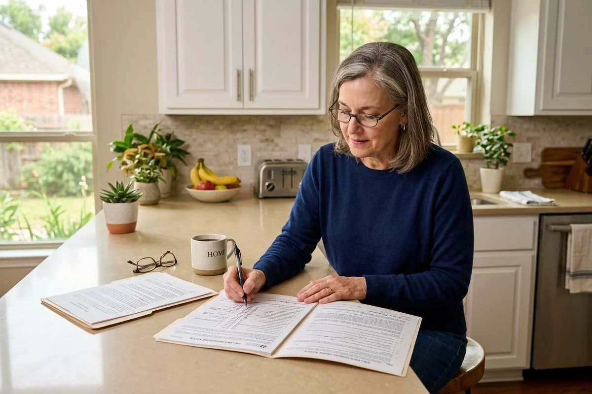 A homeowner completing the Texas Seller's Disclosure Notice at a kitchen counter