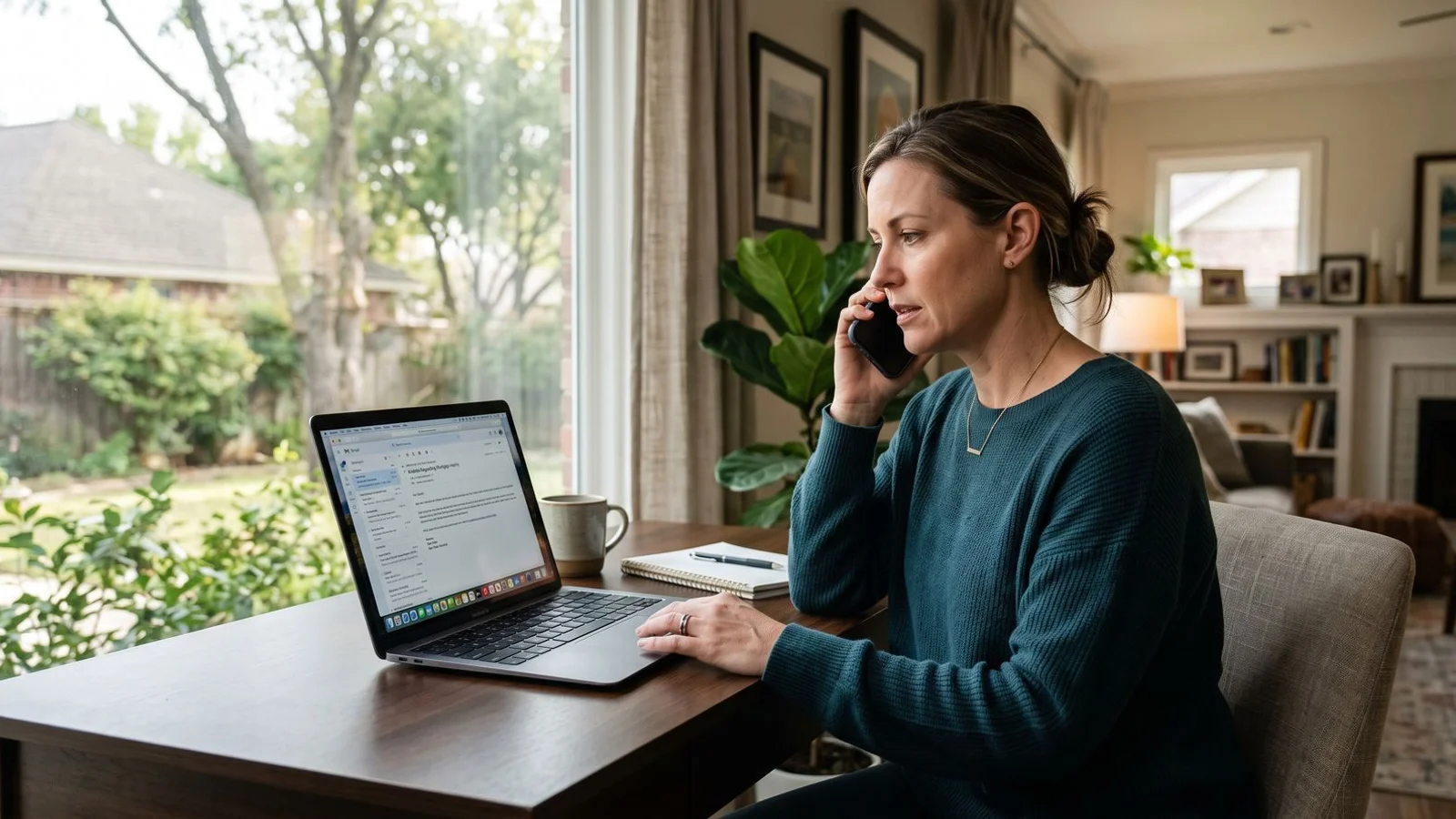 Homeowner on the phone looking cautious while reviewing an email, natural light