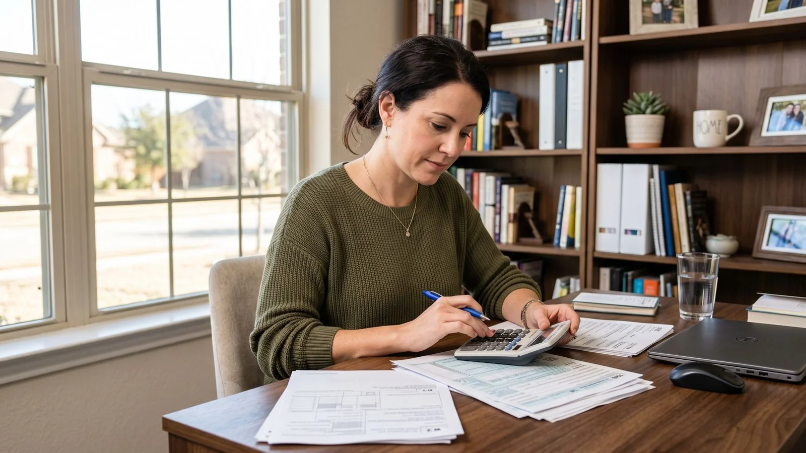 Homeowner reviewing tax forms with a calculator, home office, natural light
