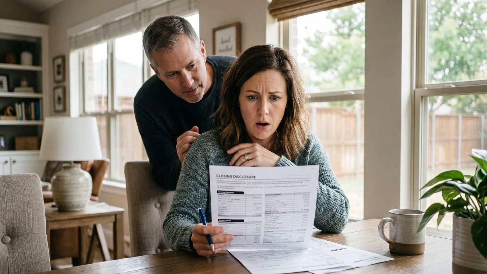 Homeowner surprised at a lower net figure on a settlement sheet, natural light