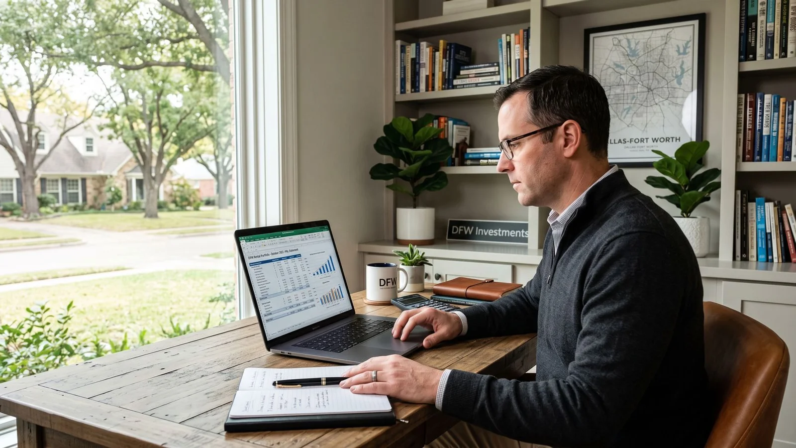 Investor reviewing rental property financials on a laptop, home office, natural light