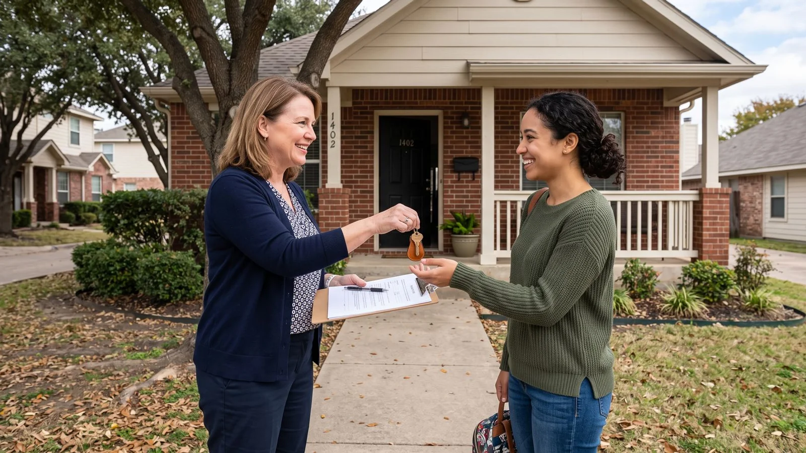 Landlord handing keys or paperwork outside a DFW rental duplex, natural daylight