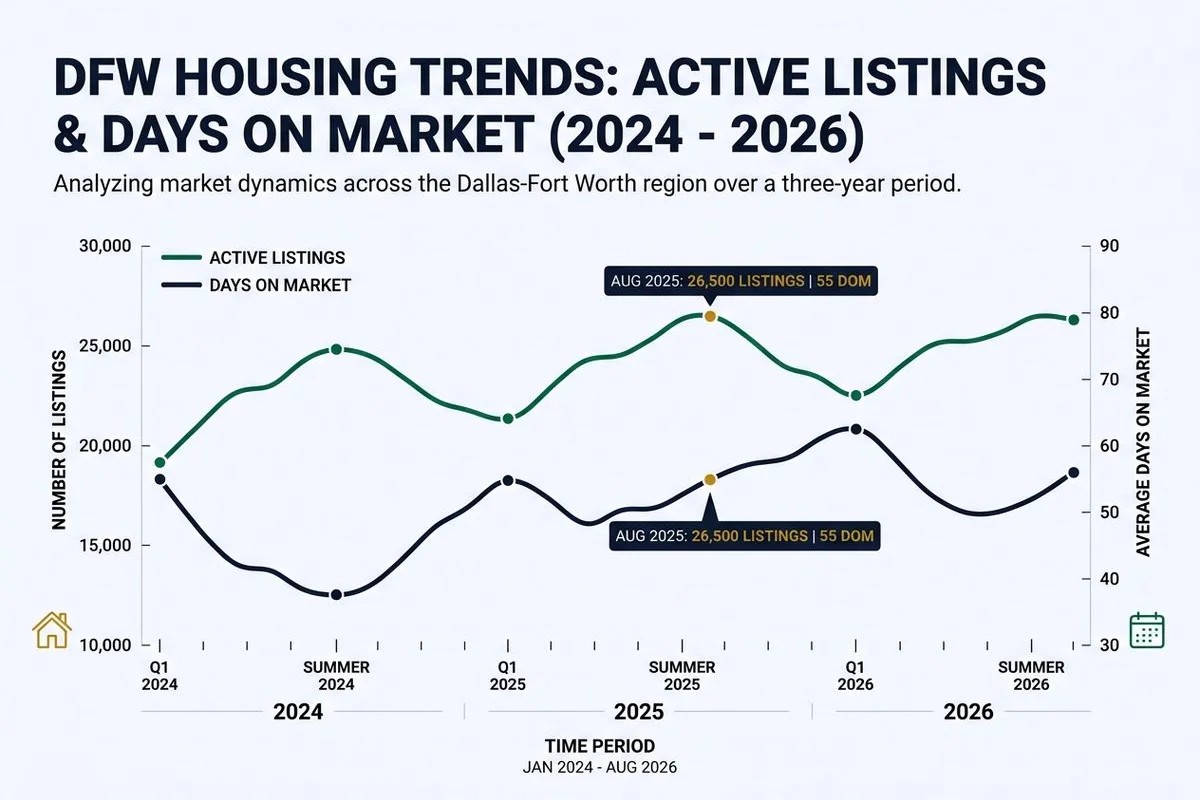 Chart of DFW active listings and days on market from 2024 through summer 2026