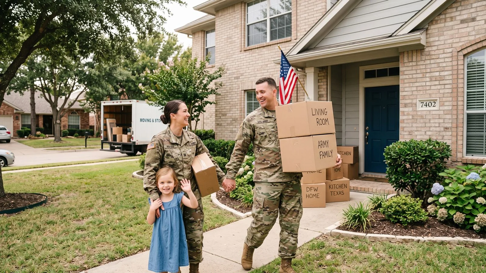 Military family with moving boxes in front of a suburban DFW home, natural daylight, respectful tone