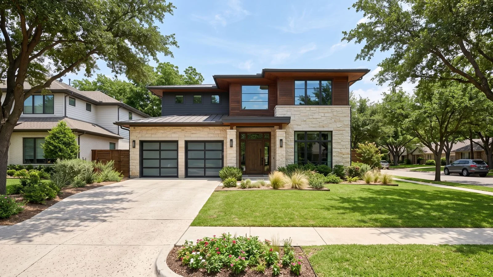 Modern DFW home exterior at midday, editorial real estate photography