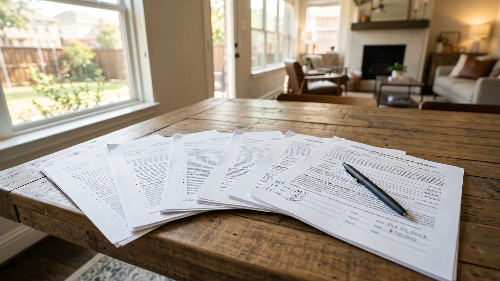 Multiple offer documents fanned on a table, natural light, editorial style