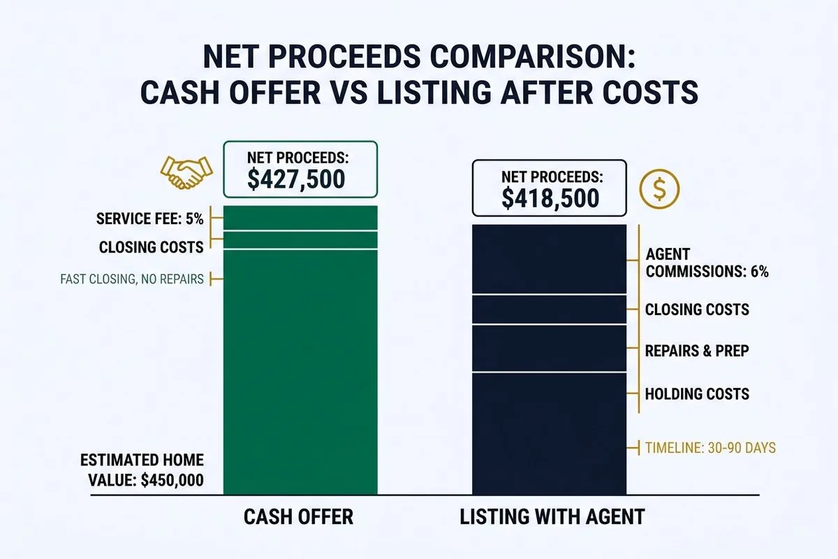 Net-proceeds comparison bar chart: cash offer vs listing after costs, brand colors