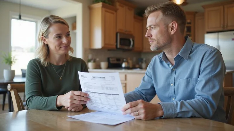 NRH homeowner reviewing net proceeds worksheet with DFW Real Estate Review agent at a Tarrant County dining table