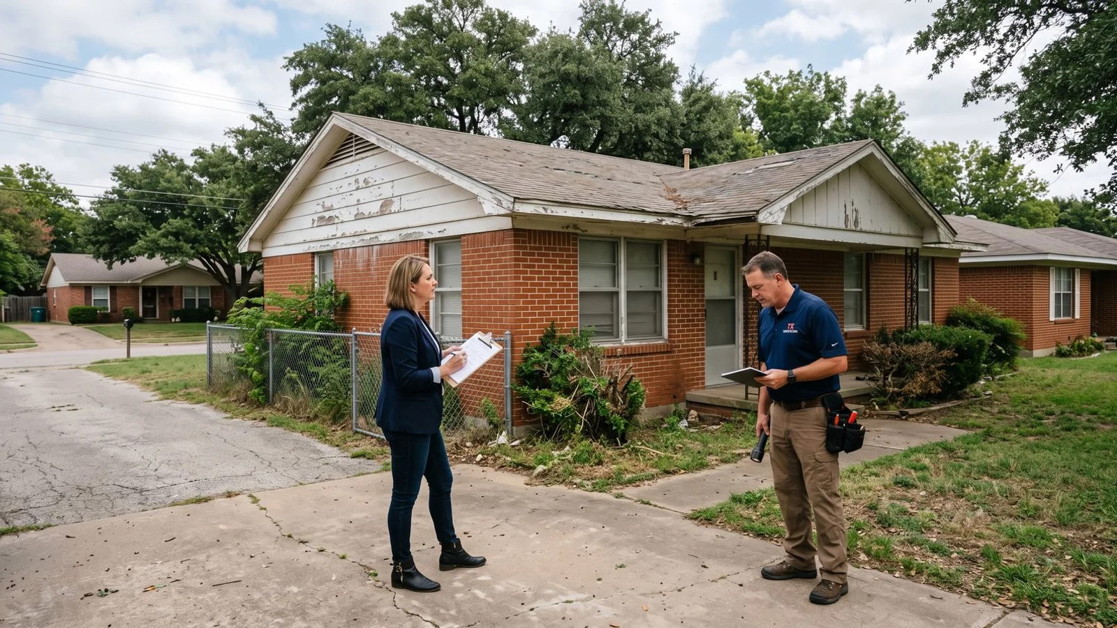 Older DFW home in need of repair being assessed by an investor, daylight, documentary