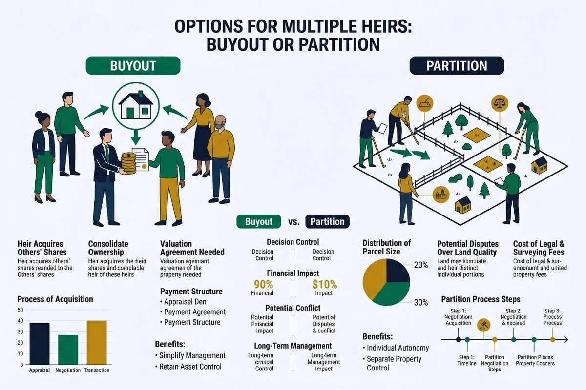 Options graphic: sell, buyout, or partition for multiple heirs, brand colors