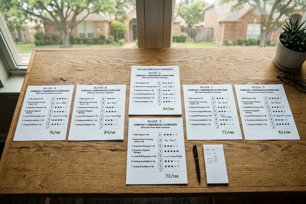 Comparison scorecards for DFW cash home buyers on an editor's desk