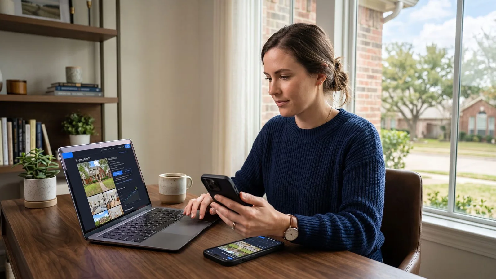 Person checking home value estimates on a laptop and phone side by side, natural light