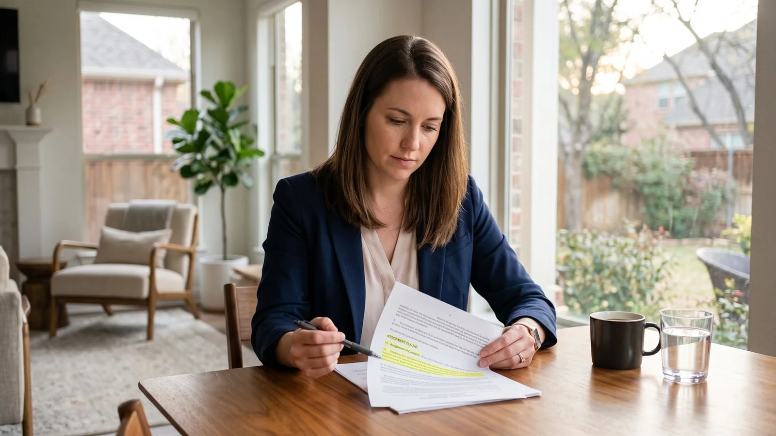 Person examining a purchase contract with an assignment clause highlighted, natural light
