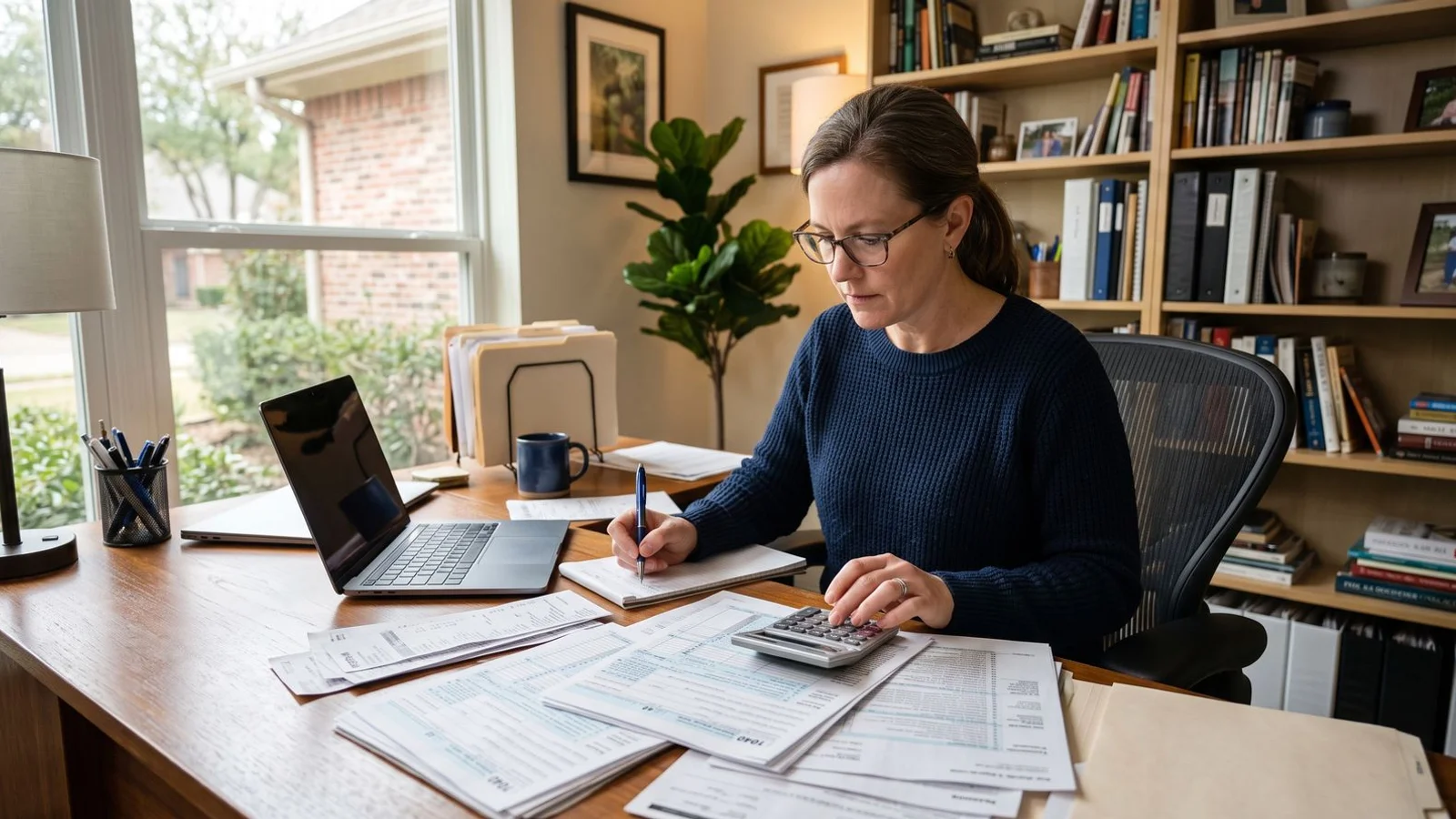 Person reviewing tax documents with a calculator at a home desk, natural light