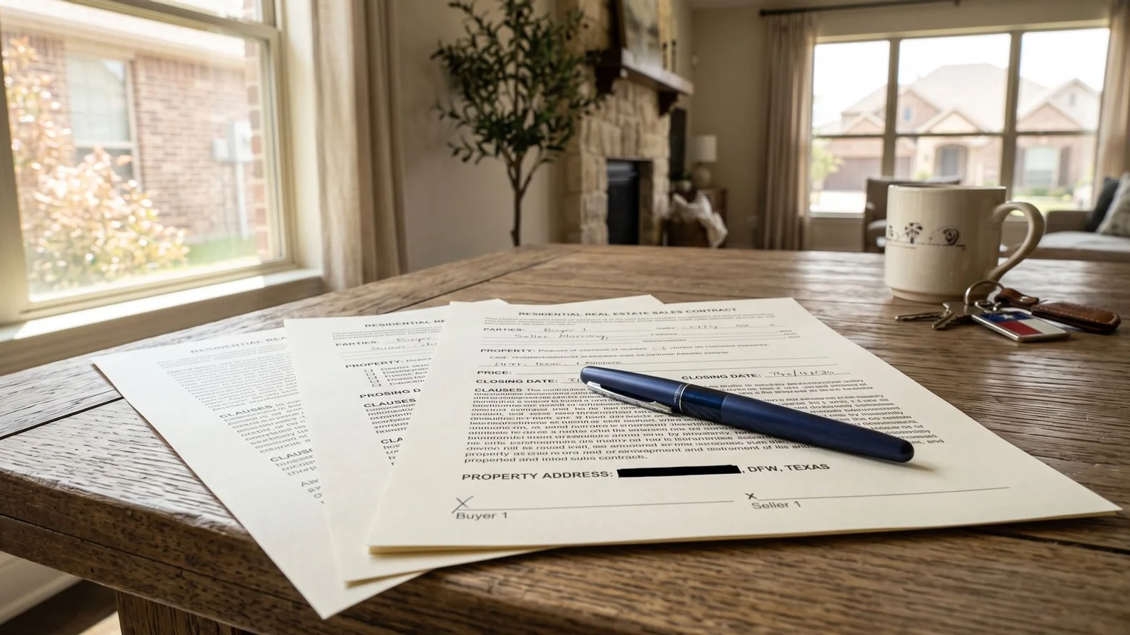 Real estate contract pages spread on a table with a pen, natural light, editorial