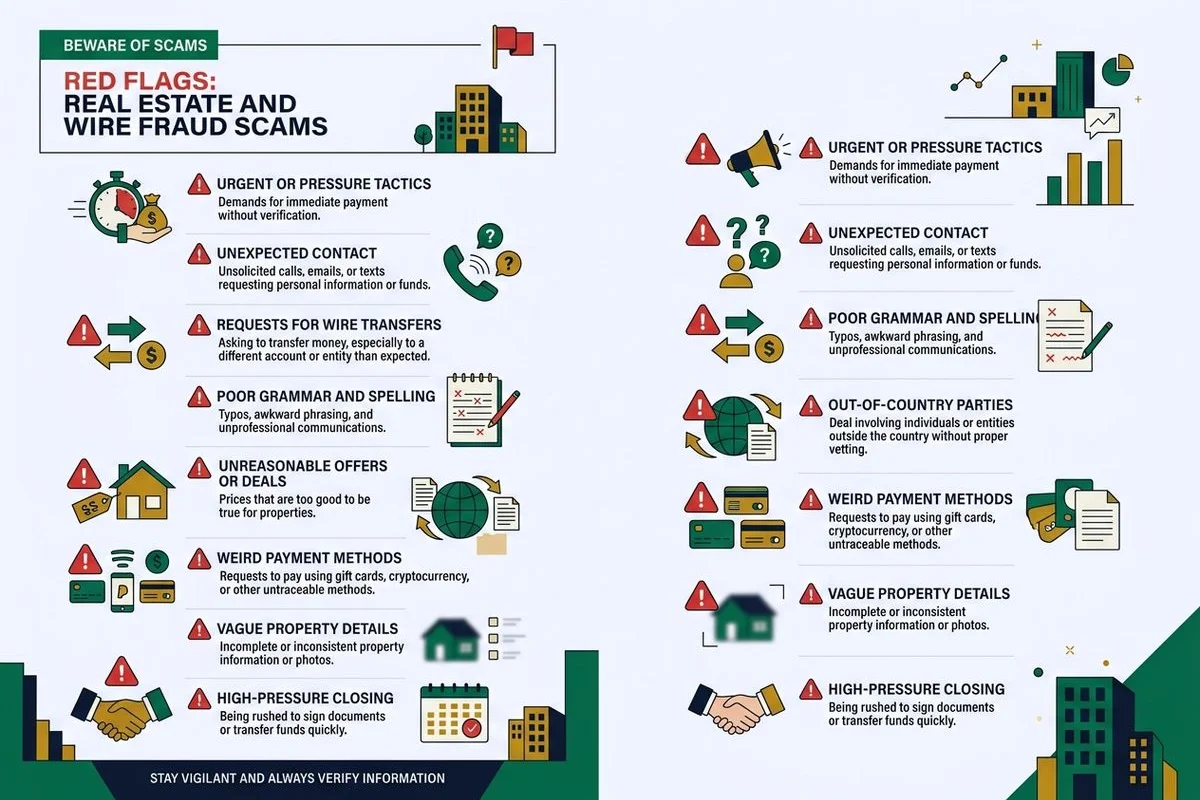 Red-flag checklist graphic for real estate and wire-fraud scams, brand colors
