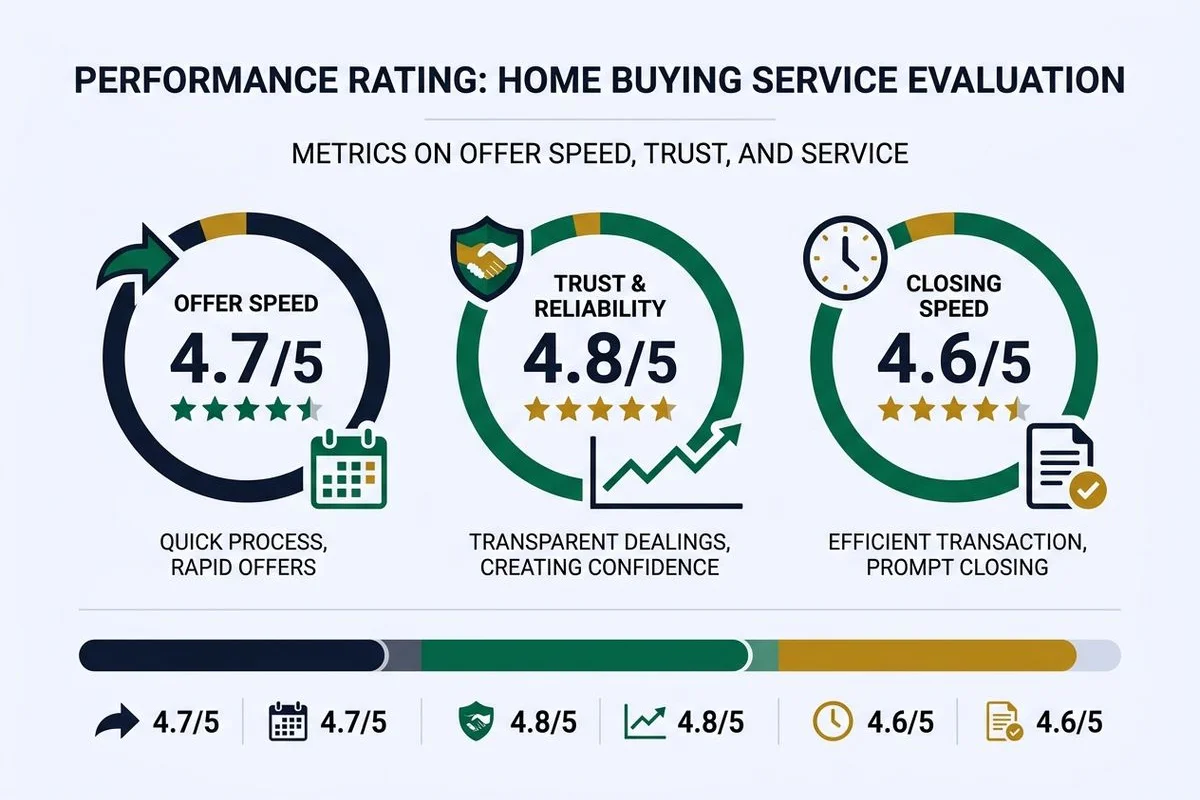 Scorecard graphic rating HomeVestors on offer %, speed, trust, brand colors