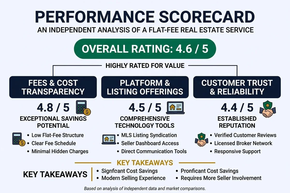 Scorecard graphic rating Houzeo on fees, offer, trust, brand colors
