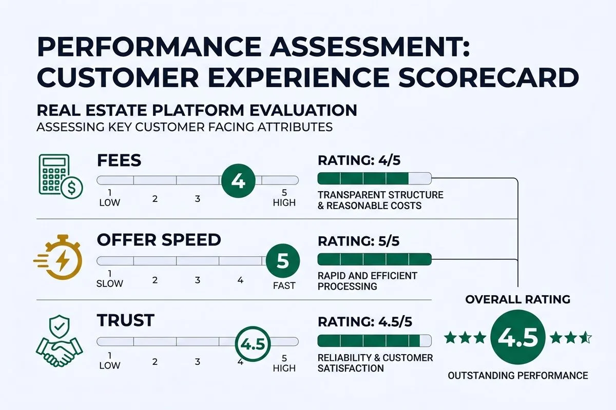 Scorecard graphic rating Offerpad on fees, offer, speed, trust, brand colors