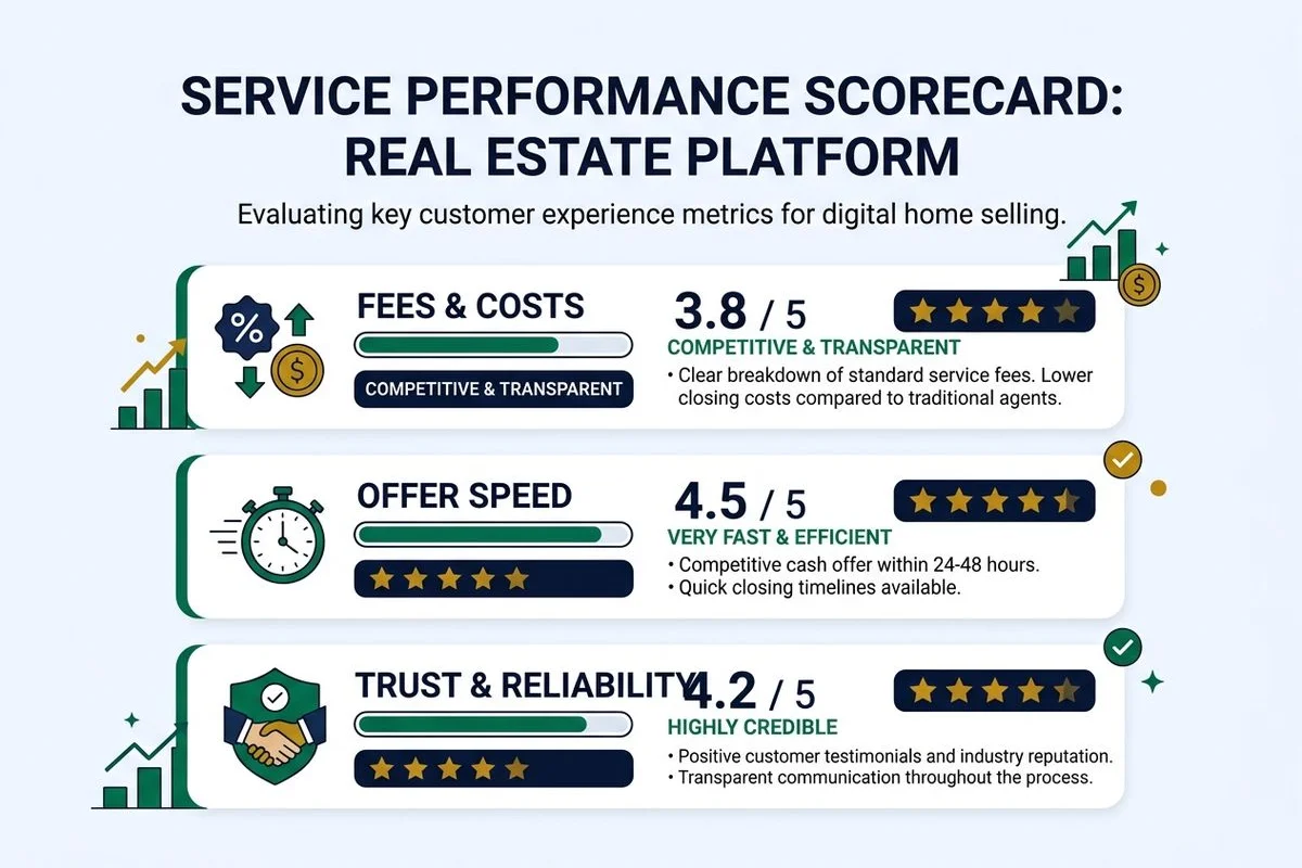 Scorecard graphic rating Opendoor on fees, offer, speed, trust, brand colors