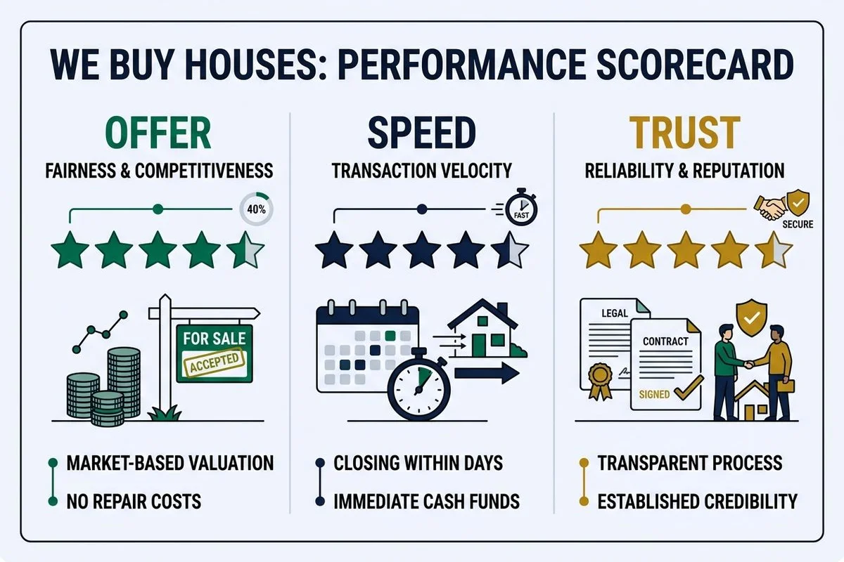 Scorecard graphic rating We Buy Houses on offer, speed, trust, brand colors
