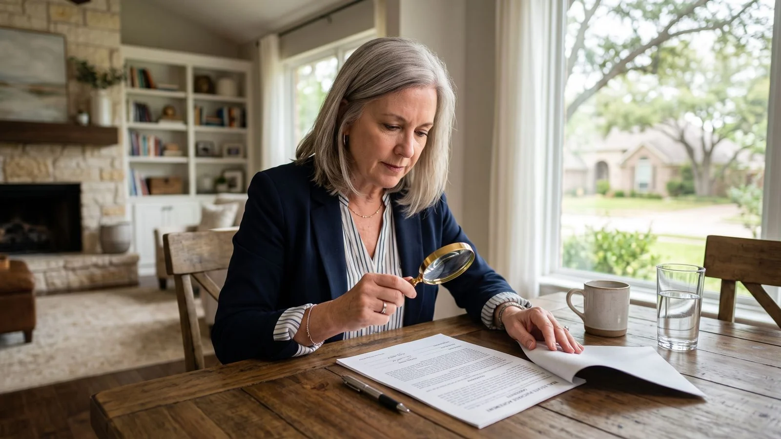Seller carefully reading a purchase contract with a magnifier, natural light