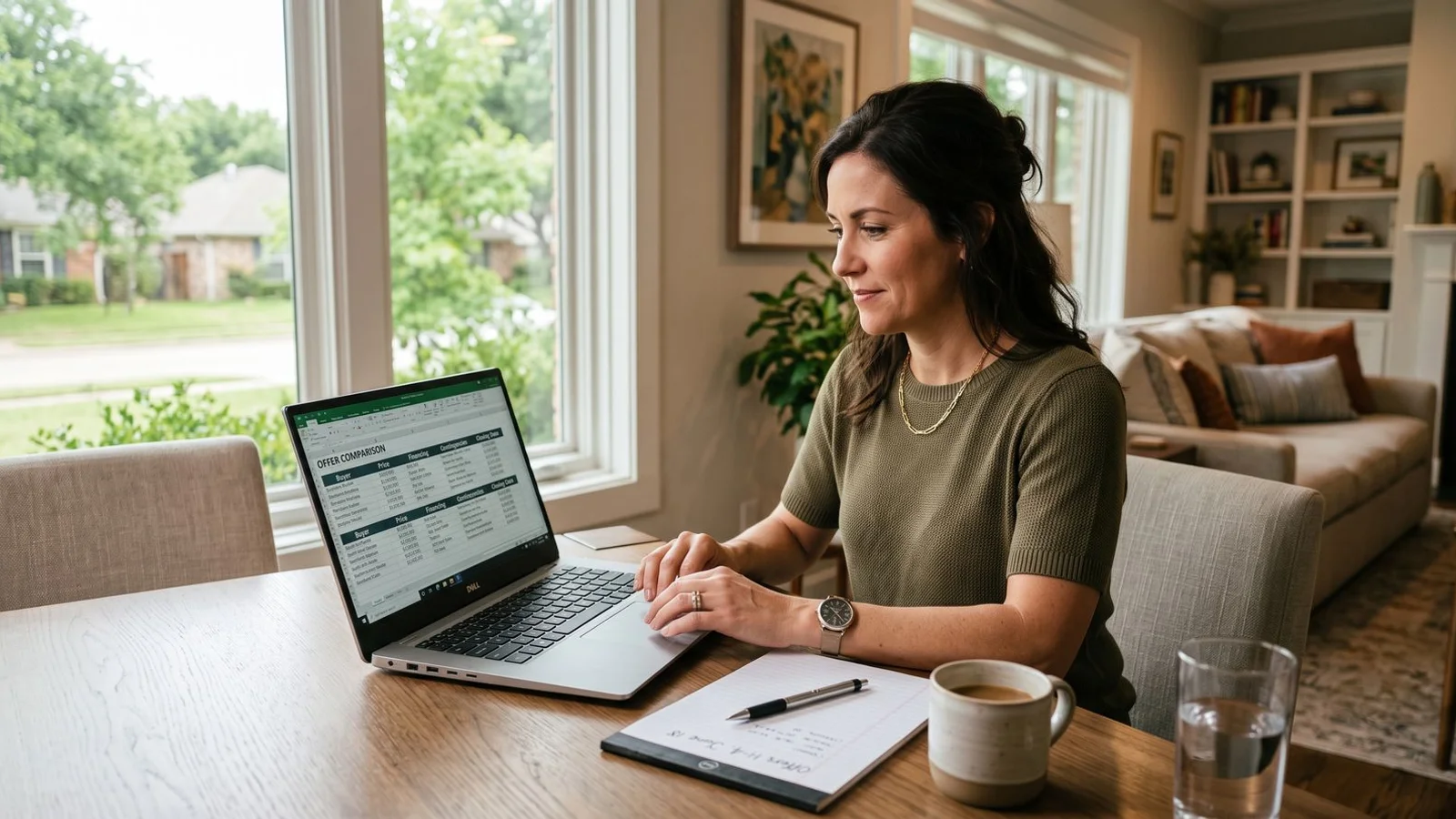 Seller comparing offers on a laptop at home, natural light, editorial style
