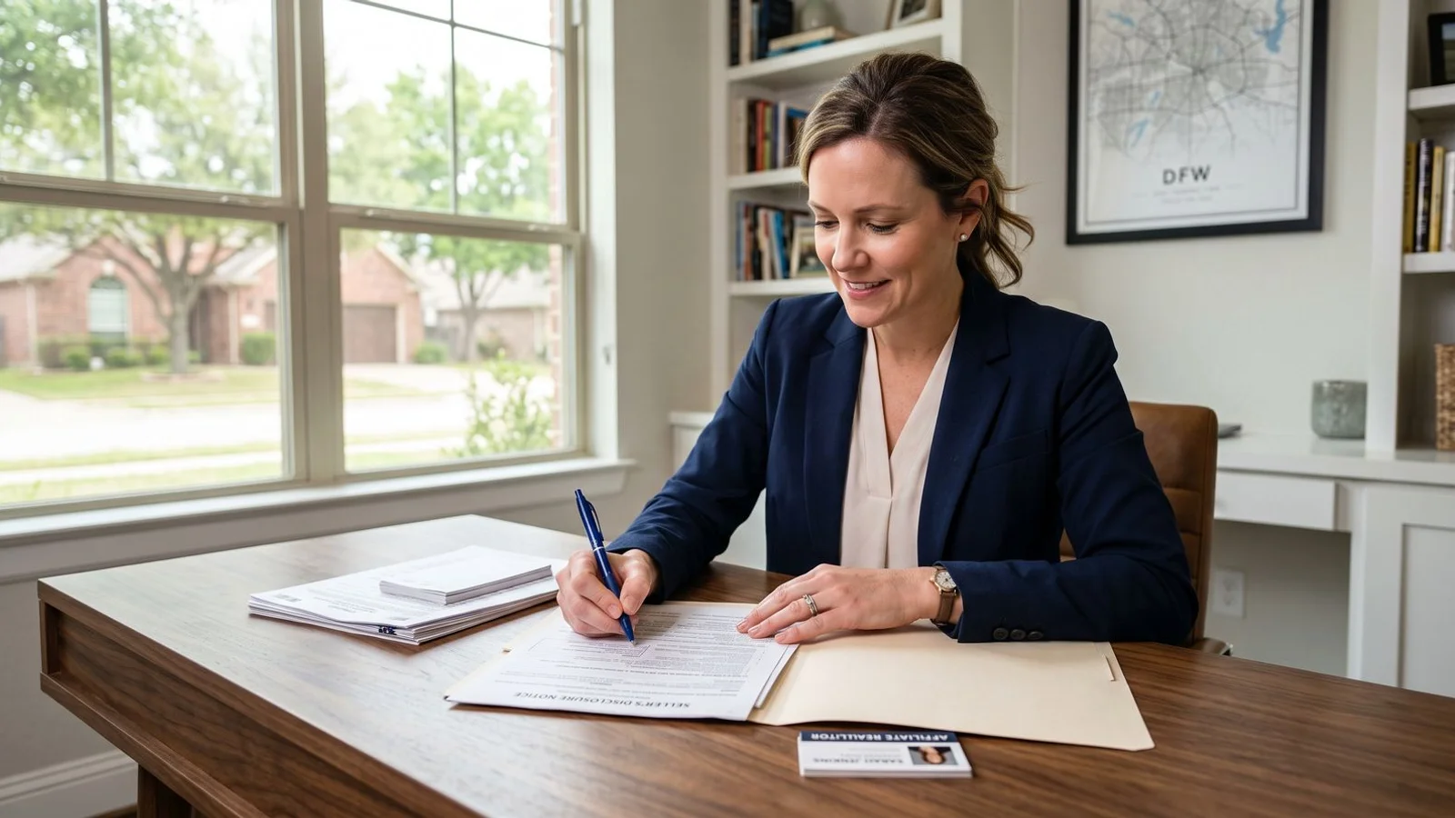 Seller completing a disclosure form at a desk with a pen, natural light