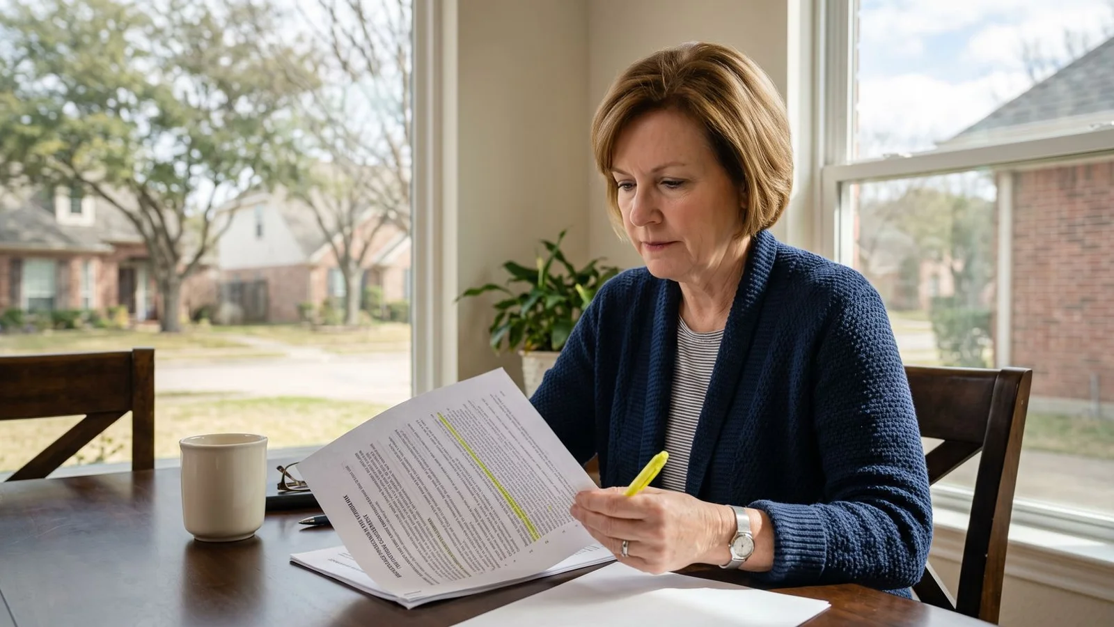 Seller reading brokerage program fine print with a highlighter, natural light