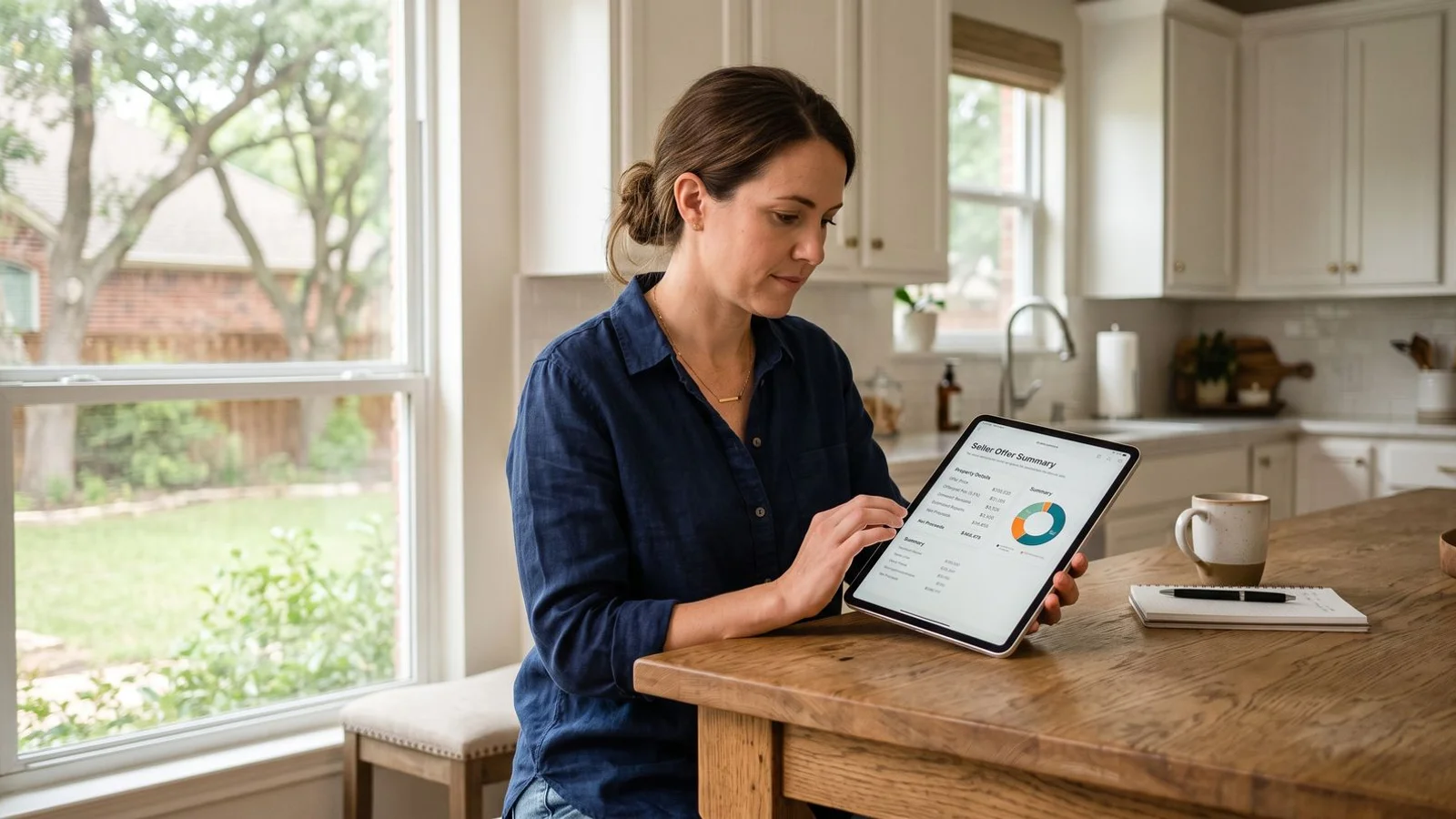Seller reviewing an Offerpad-style fee breakdown on a tablet, natural light