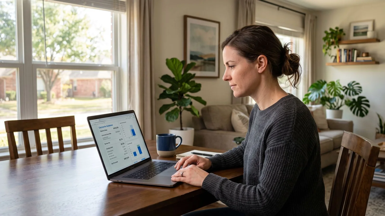 Seller reviewing an Opendoor-style offer breakdown on a laptop, natural light