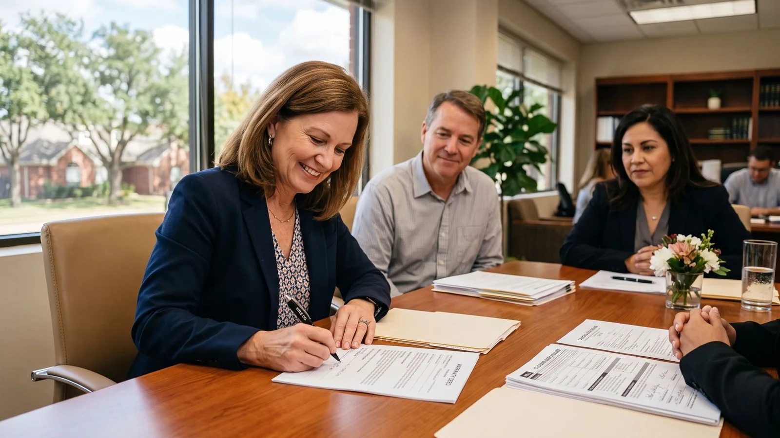 Seller signing documents at a title-company closing table, natural office light