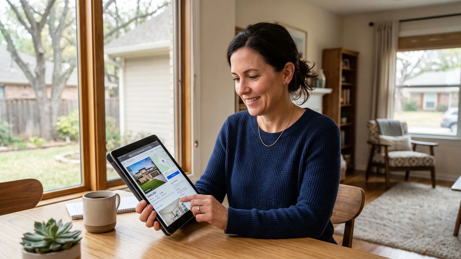 Seller using a real estate listing platform on a tablet at home, natural light