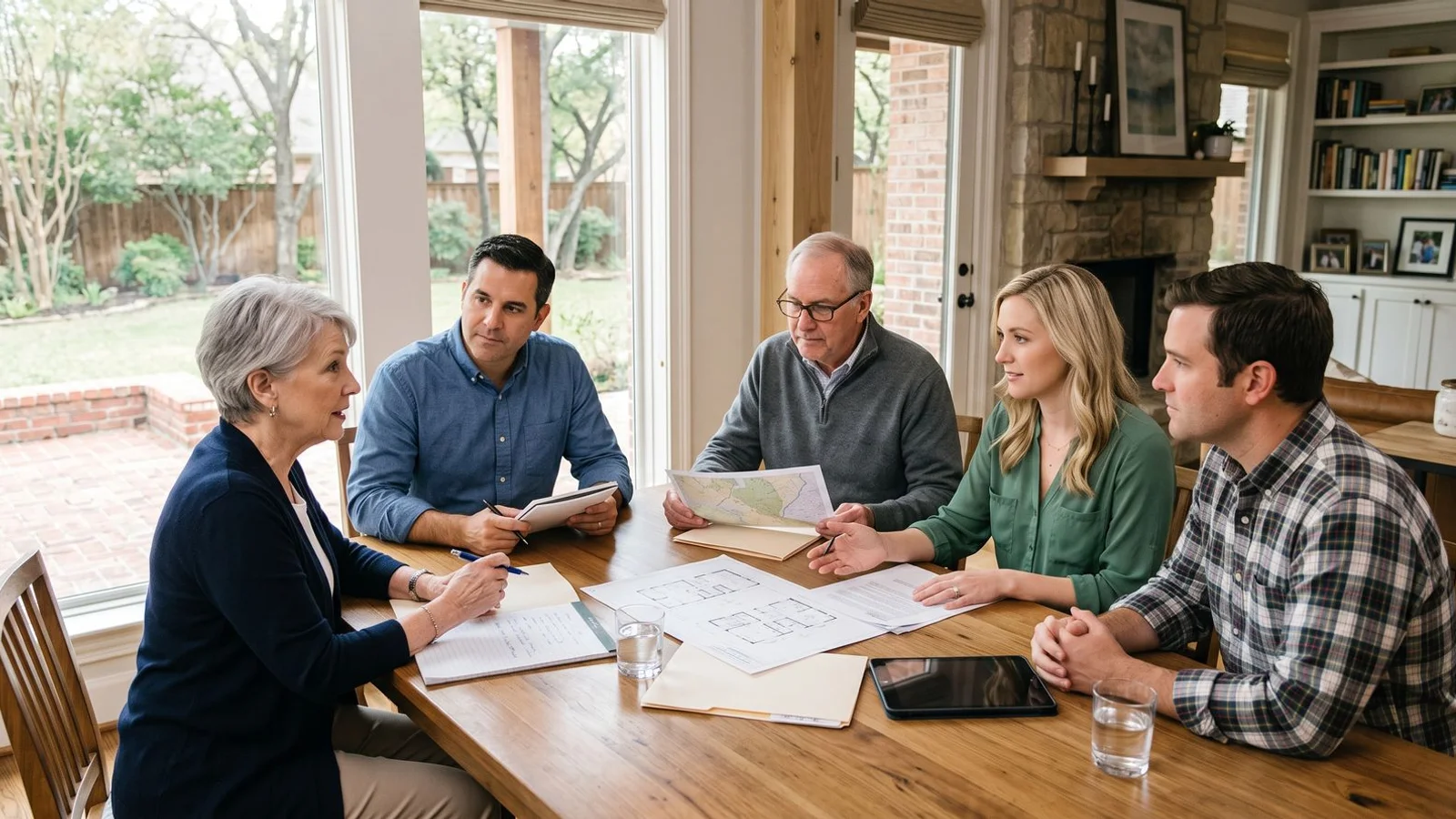 Several adult family members around a table discussing an estate, natural light, cooperative tone