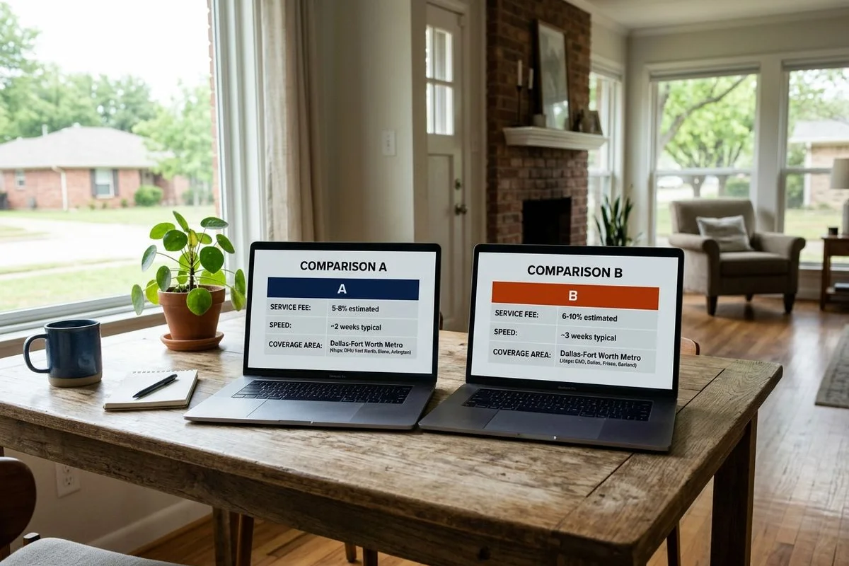 Side-by-side comparison table: Opendoor vs Offerpad on fees, speed, area, brand colors