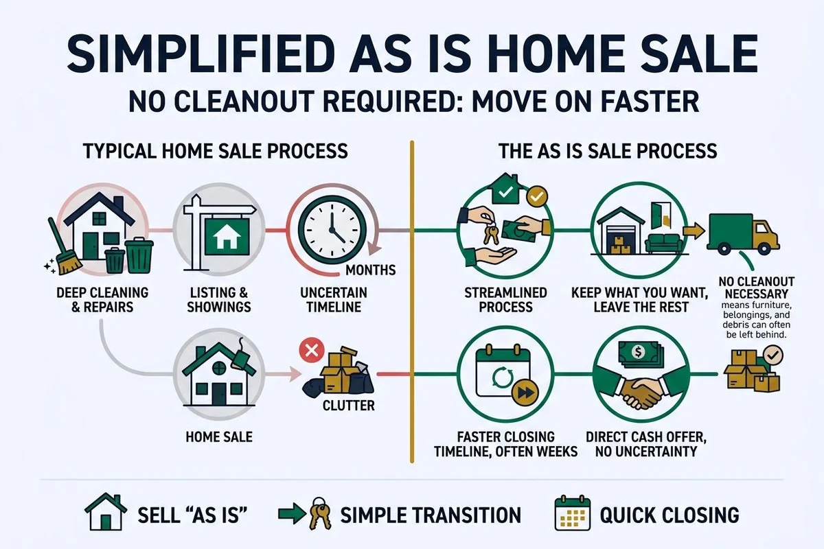 Simple graphic: as-is sale with no cleanout required, brand colors
